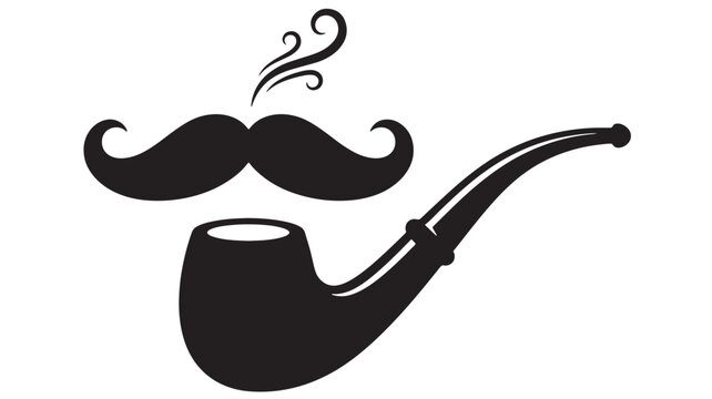 Pipe icon with curly smoke and mustache style silhouette for barbershop and retro design branding featuring smoking, vintage, logo with sign and