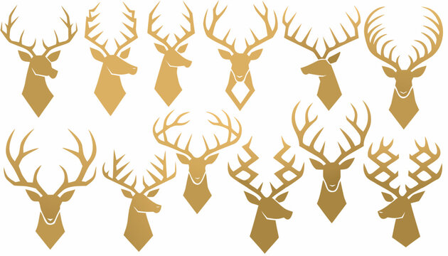 Collection of golden deer head portraits with decorative antlers