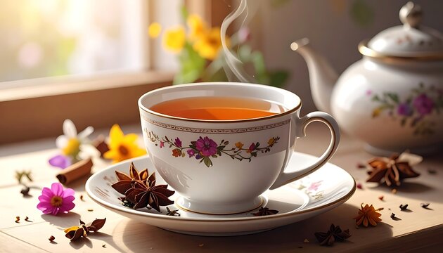 A steaming teacup on a saucer with flowers and spices