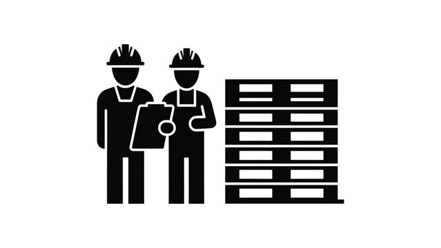 Warehouse inventory workers inspecting stack of wooden pallets icon.