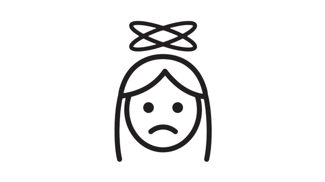 Sad girl face icon with tears in doodle style, anxious expression and crosshair forehead design on white background