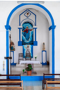 The chapel of Our Lady of Compassion (Capela de Nossa Senhora da Piedade)in the village of Pedra de Luma on the island of Sal, which is built in 1853 in a the colonial style of Portugal with typical w