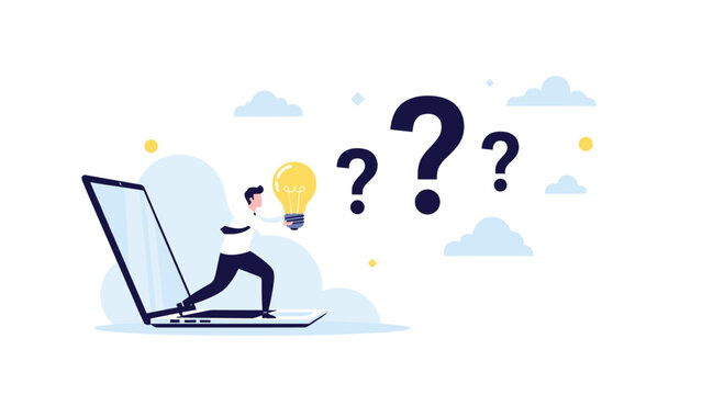 Innovative professional steps out of a laptop screen holding a lightbulb to find answers for floating question marks in digital space.