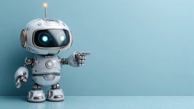 Cute robot pointing to copy space, friendly futuristic character, clean background
