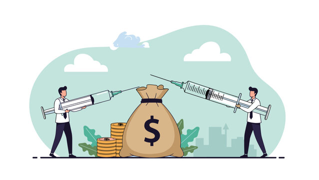 Two corporate medical professionals inject a large money bag with giant syringes symbolizing a financial stimulus or economic boost.