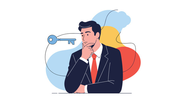 Strategic thinker with hand on chin analyzes a floating key icon while searching for the right solution to a complex business issue.