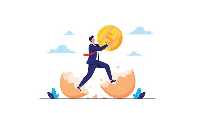Ambitious businessman stepping out of a cracked eggshell while holding a gold coin symbolizes the birth of a new profitable business idea.