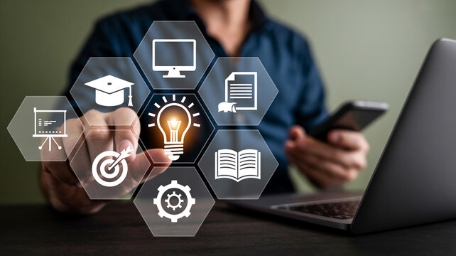 Digital education training concept with business professional touching virtual hex icons displaying modern learning.
