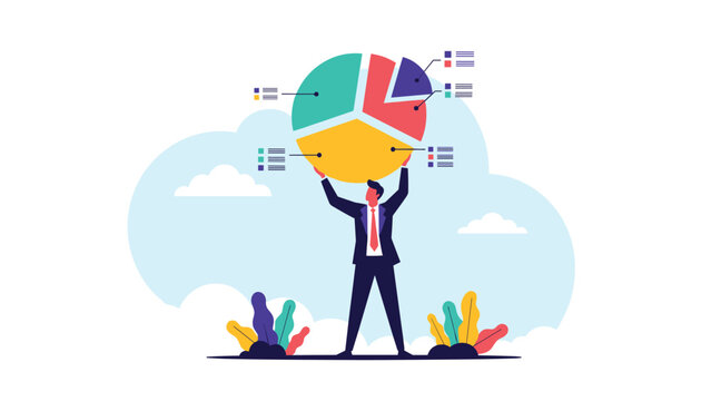 Strong businessman lifting a giant colorful pie chart with data callouts above his head represents managing complex business statistics.
