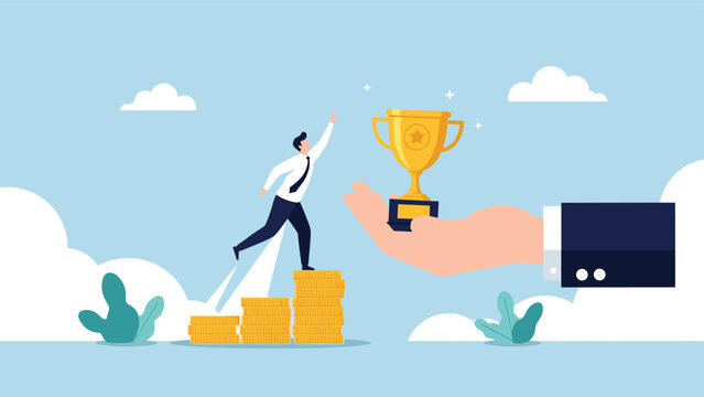 Ambitious professional jumps from a rising stack of gold coins towards a large trophy presented by a giant corporate hand.
