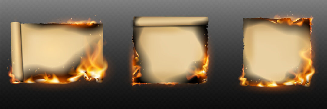 Burning old paper scrolls with fire and sparks, destructive and vintage design element