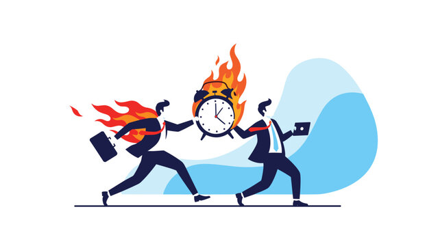 Two business professionals run urgently while carrying a large alarm clock that is engulfed in bright orange flames.