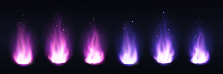 Glowing magic fire effects with purple and blue energy sparks on dark background © Oleksandr