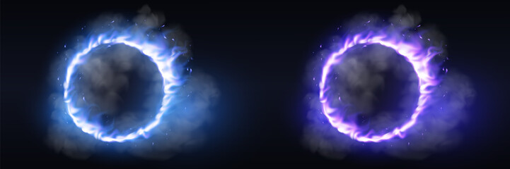 Glowing magic rings with smoke and sparks effect on dark background © Oleksandr