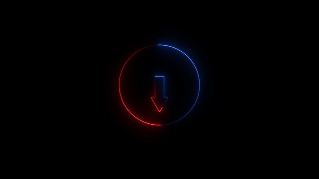 Glowing Neon Down Arrow Icon Animation with Blue and Red Circular Border on Black Background - Vertical Direction Concept for Apps and UI
