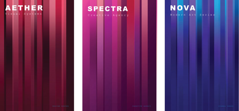 Modern abstract gradient backgrounds, vibrant vertical stripes, dynamic color transitions. AETHER, SPECTRA, NOVA. Contemporary graphic resources for digital design, web, and print projects.