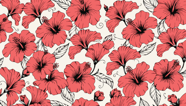 Hand drawn hibiscus flowers seamless pattern with vintage aesthetic
