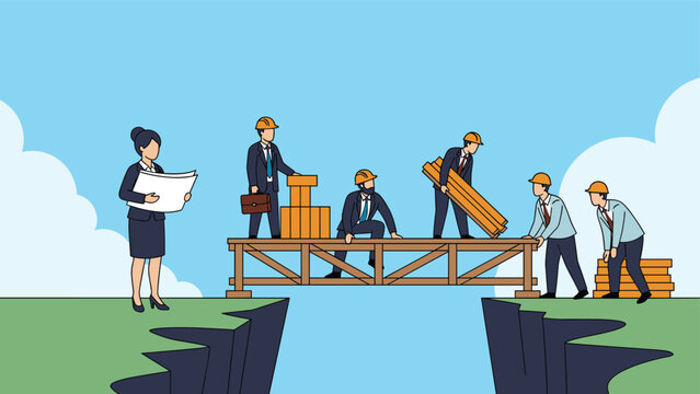 Dedicated team of construction workers and female architect work together to build wooden bridge over gap for infrastructure.
