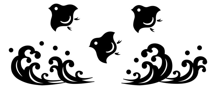 切り絵風の浜千鳥と波
