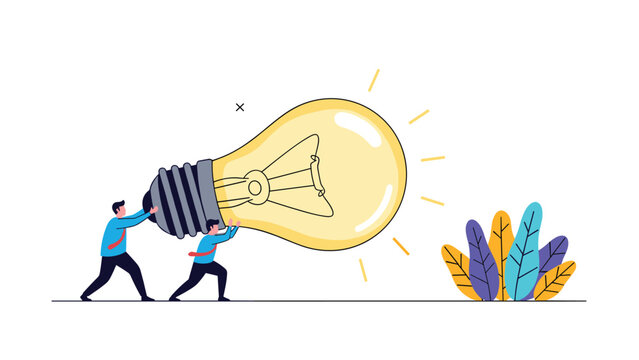 Team of two business people work together to roll giant glowing lightbulb symbolizing joint effort in bringing ideas to life.