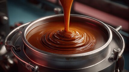 Fototapeta premium Smooth and Rich Liquid Flowing from Container in a Workshop Setting with Modern Equipment and Warm Lighting