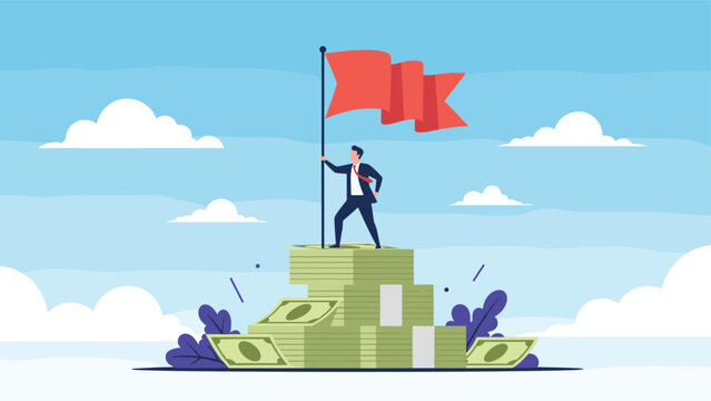 Successful entrepreneur planting flag on high stack of money bills representing financial conquest and achievement.