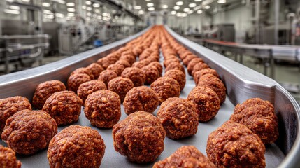 Fototapeta premium Meatballs in Production Line of Food Factory on Conveyor Belt for Processing and Packaging in Industrial Setting