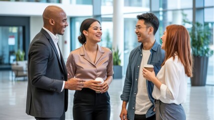 Obraz premium Diverse group of professional colleagues laughing and talking together while holding coffee cups during a break in a bright modern office space during the workday