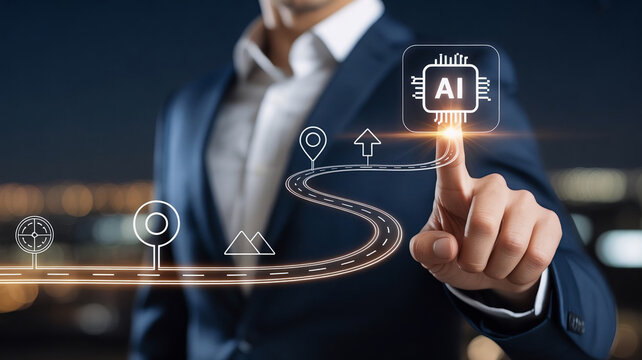 Artificial intelligence concept shown by a professional businessman touching a digital holographic roadmap interface while planning future corporate growth strategy in a modern office environment