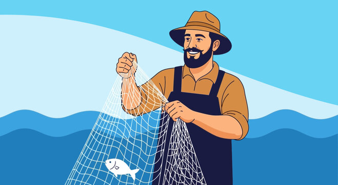 Fisherman with Net and Fish on Ocean Background - Vector Illustration