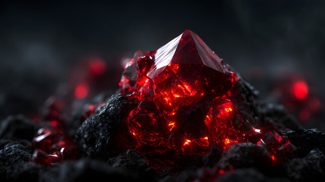 Ruby red crystal formation with glowing gemstones and luxurious volcanic mineral texture