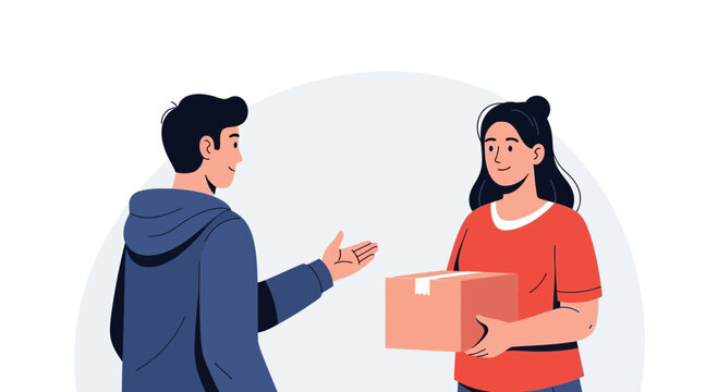 Delivery Service: Man handing package to woman, e-commerce, logistics
