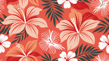 Colorful tropical seamless pattern with hibiscus flowers and palm leaves on a vibrant coral background © Sadhin07