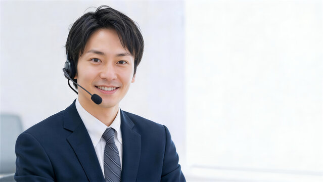 ヘッドセットを付けて笑顔でカメラを見るスーツ姿の男性オペレーター