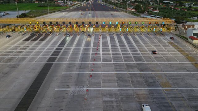 Static aerial view of toll roads on a broad highway, Elefsina