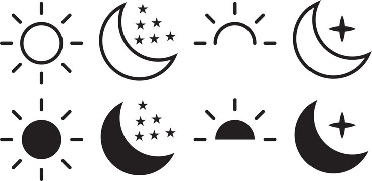 Sun and moon icons set. Dark and light mode symbol. Sun and moon icon vector day and night icon set. black and white icons representing the day and night on transparent png and vector illustration