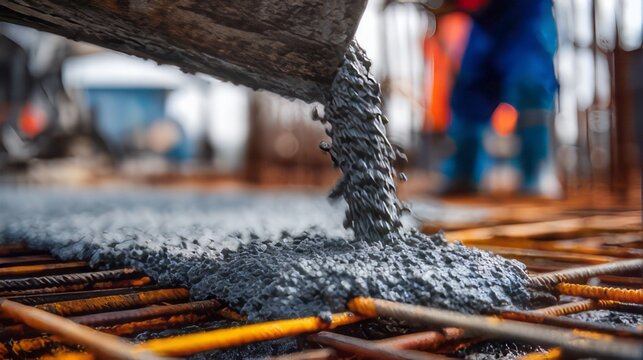 Fresh concrete being poured from a mixer truck chute onto a grid of steel rebar for a foundation.