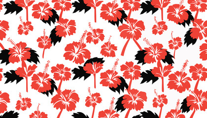 Red hibiscus flowers and black leaves seamless pattern tropical floral vector illustration background © Sadhin07