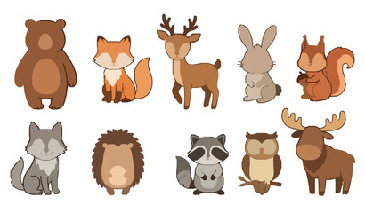 Fototapeta premium Forest animals vector set cute woodland wildlife cartoon illustration
