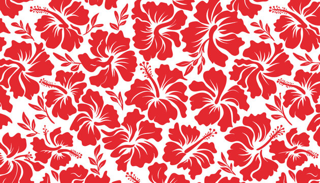 Red hibiscus flowers and leaves seamless pattern tropical floral illustration vector background