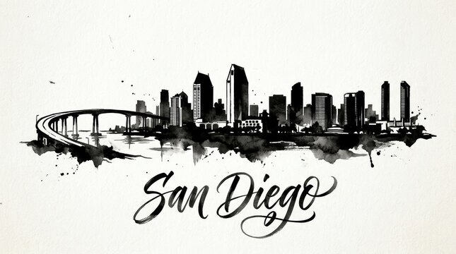 San Diego skyline silhouette featuring downtown towers and Coronado Bridge, unique black and white watercolor ink style, dynamic hand-lettered typography below reading "SAN DIEGO
