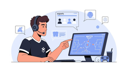 Fototapeta premium Esports gamer with headset pointing at game strategy on computer screen