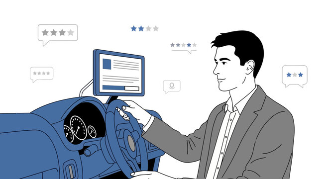Man driving car with online reviews and rating system