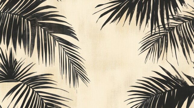 Beige background with black palm leaf silhouettes, creating a tropical frame.
