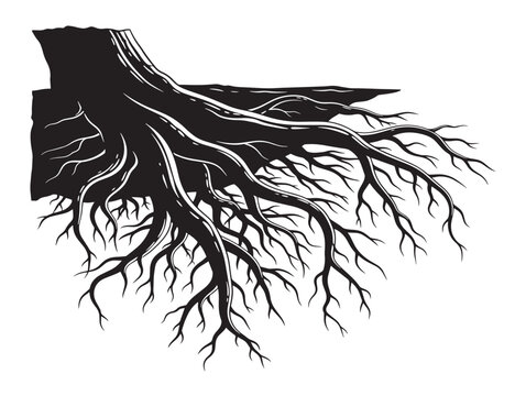 Elegant twisted tree roots silhouette with dynamic wind shaped design 