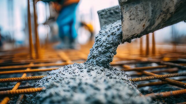 Fresh concrete being poured from a mixer truck chute onto a grid of steel rebar for a foundation.