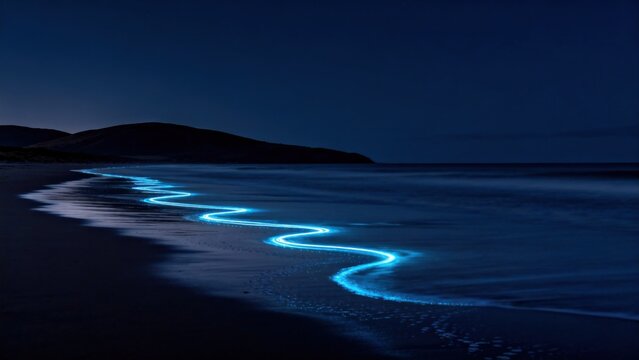 Glowing Light Trail on Beach at Night