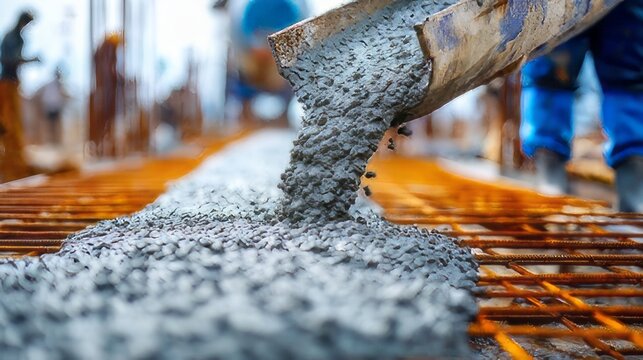 Fresh concrete being poured from a mixer truck chute onto a grid of steel rebar for a foundation.