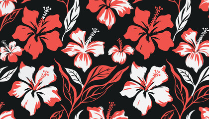 Dynamic tropical seamless pattern with red and white hibiscus flowers and leaves on a dark background © Sadhin07