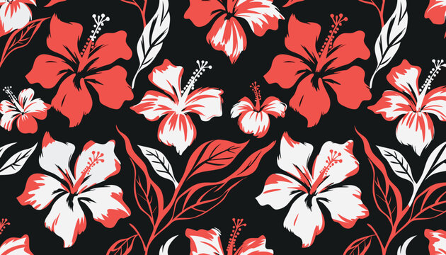 Dynamic tropical seamless pattern with red and white hibiscus flowers and leaves on a dark background